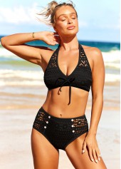Lace Patchwork Black Decorative Button Bikini Set