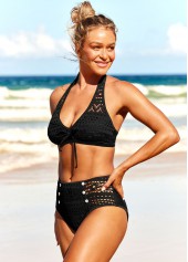 Lace Patchwork Black Decorative Button Bikini Set