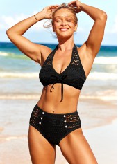 Lace Patchwork Black Decorative Button Bikini Set