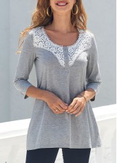 Lace Stitching Grey 3/4 Sleeve T Shirt