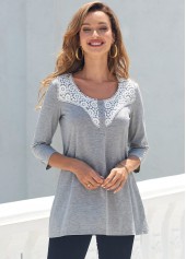 Lace Stitching Grey 3/4 Sleeve T Shirt
