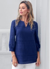 Embroidered Navy Blue Split Neck Blouse