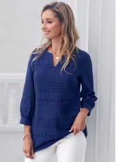 Embroidered Navy Blue Split Neck Blouse