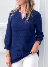 Embroidered Navy Blue Split Neck Blouse
