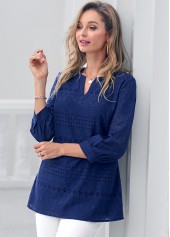 Embroidered Navy Blue Split Neck Blouse