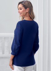 Embroidered Navy Blue Split Neck Blouse