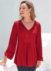 Lace Stitching Red Long Sleeve T Shirt