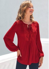 Lace Stitching Red Long Sleeve T Shirt