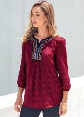 Wine Red Textured Fabric Split Neck Blouse