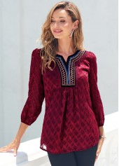 Wine Red Textured Fabric Split Neck Blouse