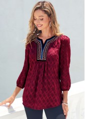 Wine Red Textured Fabric Split Neck Blouse