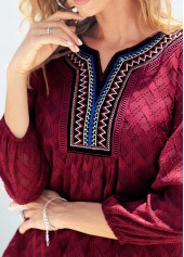 Wine Red Textured Fabric Split Neck Blouse