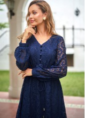 Paisley Lace Panel Navy Blue Drawstring Waist Dress