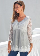 Lace Stitching Grey Marl V Neck T Shirt