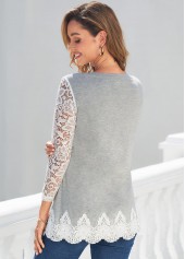 Lace Stitching Grey Marl V Neck T Shirt