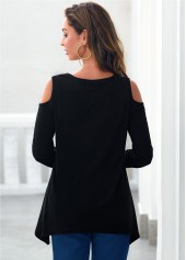Cold Shoulder Rhinestone Asymmetric Hem Black T Shirt