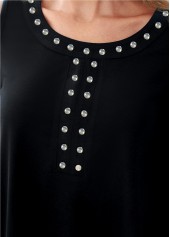 Cold Shoulder Rhinestone Asymmetric Hem Black T Shirt