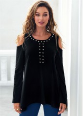 Cold Shoulder Rhinestone Asymmetric Hem Black T Shirt