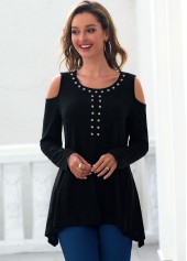 Cold Shoulder Rhinestone Asymmetric Hem Black T Shirt