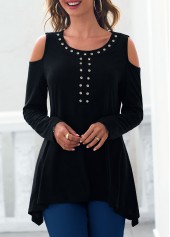 Cold Shoulder Rhinestone Asymmetric Hem Black T Shirt