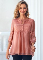 Tie Front Coral Orange Lace Stitching Blouse