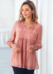 Tie Front Coral Orange Lace Stitching Blouse