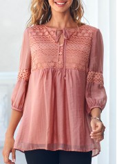 Tie Front Coral Orange Lace Stitching Blouse