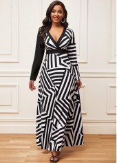 Geometric Print Long Sleeve Black Maxi Dress