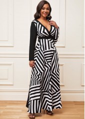 Geometric Print Long Sleeve Black Maxi Dress