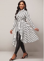 Asymmetric Hem Striped Belted Color Block Blouse