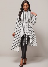 Asymmetric Hem Striped Belted Color Block Blouse
