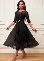 Layered Hem Chiffon 3/4 Sleeve Black Dress