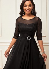 Layered Hem Chiffon 3/4 Sleeve Black Dress