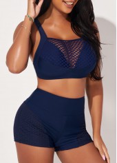 Fishnet Panel High Waisted Navy Blue Bikini Set