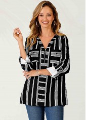 Striped Color Block Zipper Detail V Neck Blouse