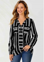 Striped Color Block Zipper Detail V Neck Blouse