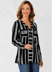 Striped Color Block Zipper Detail V Neck Blouse