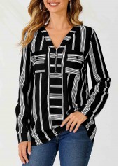 Striped Color Block Zipper Detail V Neck Blouse