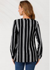 Striped Color Block Zipper Detail V Neck Blouse