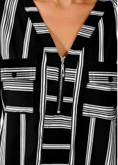 Striped Color Block Zipper Detail V Neck Blouse