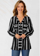 Striped Color Block Zipper Detail V Neck Blouse