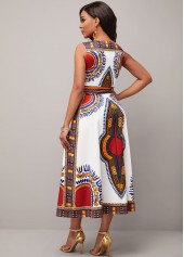 White Dashiki Print V Neck Sleeveless Dress