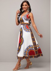 White Dashiki Print V Neck Sleeveless Dress