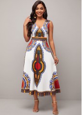 White Dashiki Print V Neck Sleeveless Dress
