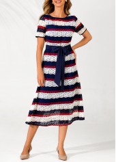 Lace Panel Striped Color Block Belted Dress