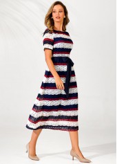 Lace Panel Striped Color Block Belted Dress
