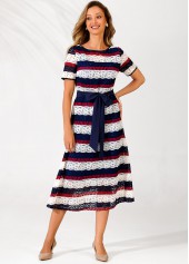 Lace Panel Striped Color Block Belted Dress