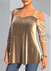 Christmas Design Cold Shoulder Gold Sequin T Shirt