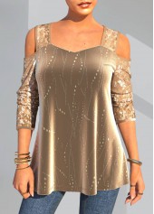 Christmas Design Cold Shoulder Gold Sequin T Shirt