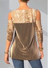 Christmas Design Cold Shoulder Gold Sequin T Shirt